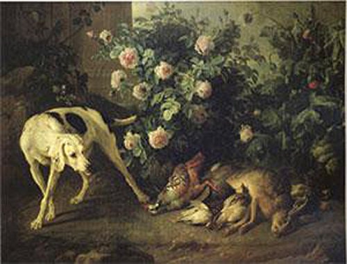 Dog Guarding Game Near a Rosebush,Francois