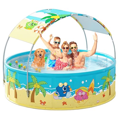 Image of Foldable Swimming Pool with Canopy for Kids 78.7 inchx17.7 inch Hard Plastic Portable Dog Pool Anti-Slip Collapsible Large Kiddie Pool Indoor Outdoor Backyard (JellieMons 79'')