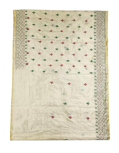 Image of SHRISTI CLOTHINGS Women's Hand Embroidered Cotton Silk Kantha Stitch Saree with Blouse Piece (J420724 LIGHTGOLDEN)