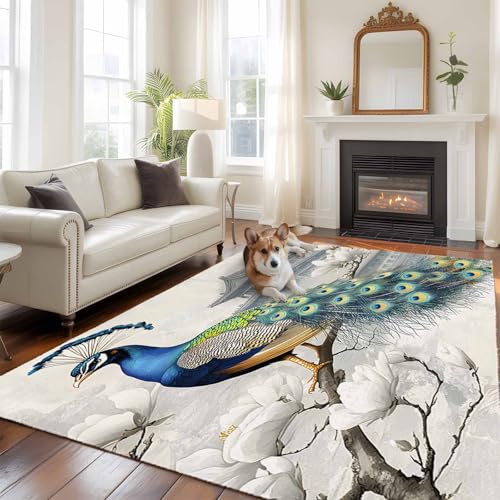 Living Room Rug 5x7, Watercolor Peacock Washable Non Slip Carpet