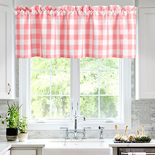 Cortinas semitransparentes de diseño a cuadros, cenefa de cocina rosa y blanco 2
