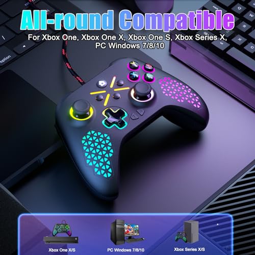 Image of Dinosoo 10ft Wired RGB Wireless Controller for Xbox Series X|S, One & PC, Turbo, Macro Function, Dual Vibration, 3.5mm Audio Jack - Black