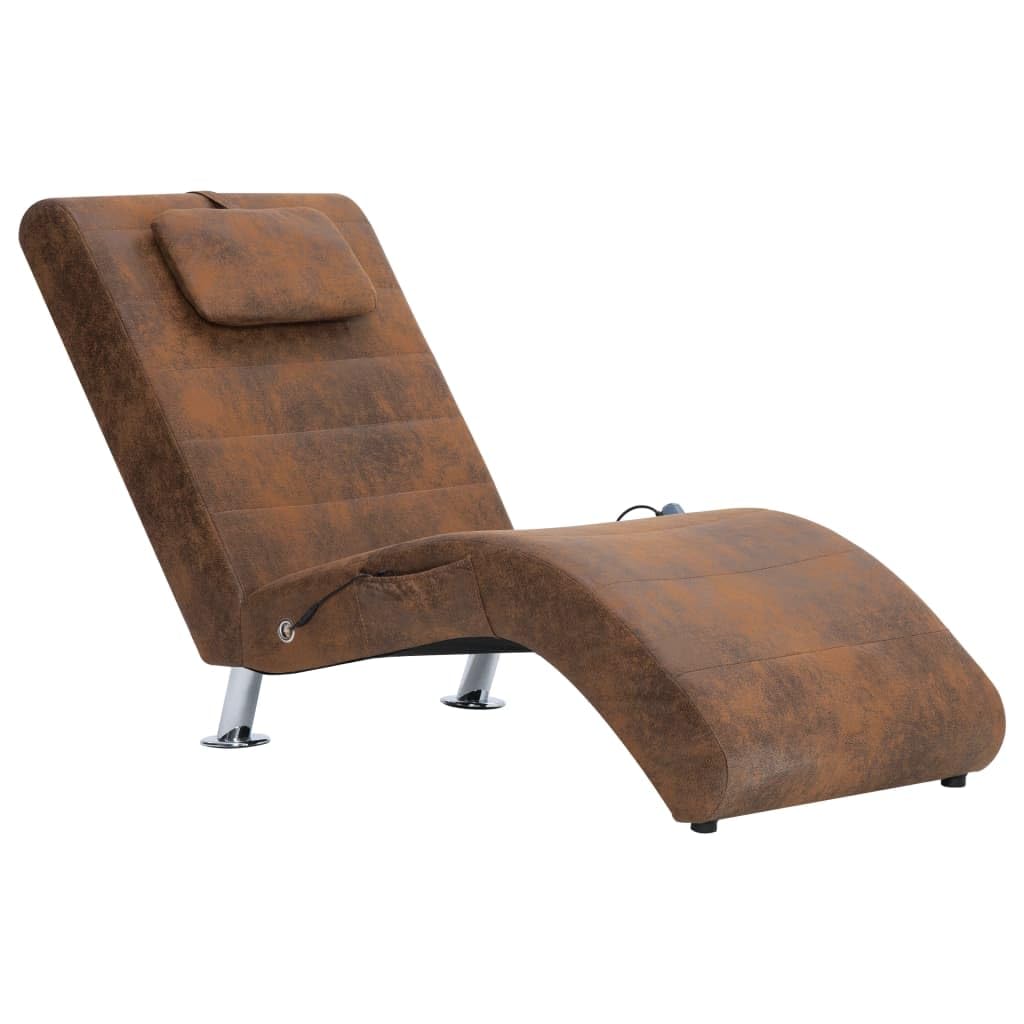 Chaise longue de massage avec fonction chauffante et 5 modes de massage, chaise longue ergonomique aspect daim marron, chaise longue rembourrée avec coussin et télécommande pour salon, 144 x
