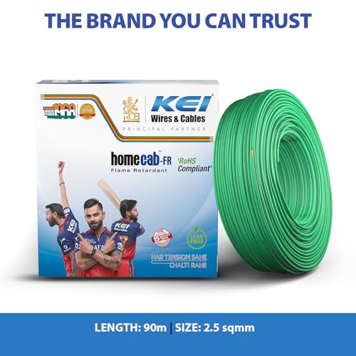 Image of KEI WIRES & CABLES Homecab 2.5 sqmm 1 Core Copper Flame Retardant House Wire PVC Insulated Cable for Domestic & Industrial Electrical Wiring (Green, 90 Meters)