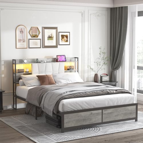 Queen Size Bed Frame with LED Lights Power Outlet Upholstered Platform Bed with Storage Sturdy Metal Slats No