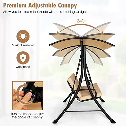 Image of Tangkula 3 Person Porch Swing, Outdoor Swing with Removable Cushions, Solid Steel Structure, Patio Swing with Adjustable Canopy for Garden, Backyard, Balcony, Poolside Beige