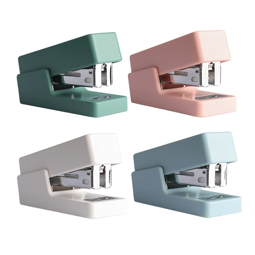 Heftgerät, Mini-Hefter, 4 Packungen mit 20 Blatt Kapazität Büro inklusive 24 Boxen Heftklammern Kinder arbeitssparender Hefter s (Farbe: Blau + Weiß + Grün + Rosa) (Farbe: Blau + Weiß + Grün +