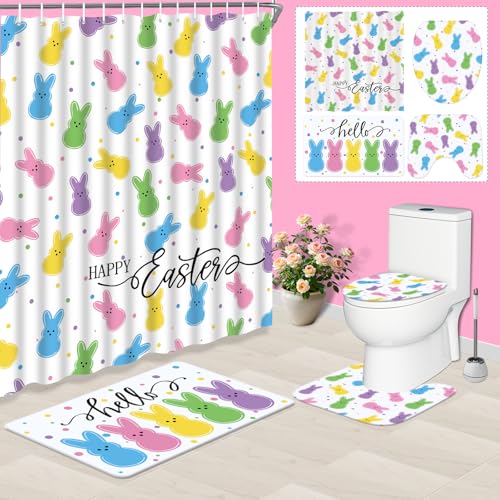 4 Pcs Happy Easter Shower Curtain Set Colorful Bunny Bathroom Set with Shower Curtains and Non Slip Rug Toilet Lid Cover U Shaped Bath Mat for Easter Bathroom Decorations