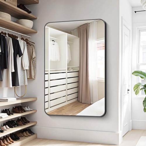 Image of KOCUUY Bathroom Mirror, 36 inchx48 inch Black Rectangle Vanity Mirror, Black Metal Frame Mirror with Rounded Corner for Bathroom, Bedroom, Living Room, Entryway