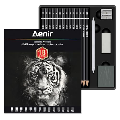 Aenir Sketch Pencils for Drawing Drawing Pencils Set of 18 10B4H Graphite Pencil Vinyl Eraser Kneaded Eraser Sharpener Blending Stump Sketch Set for Artists Art Supplies.