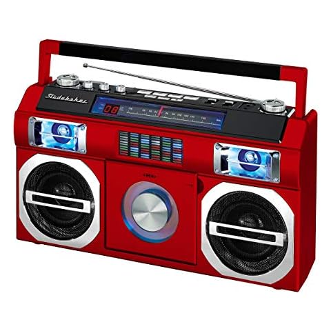 Studebaker SB2145R 80's Retro Street Bluetooth Boombox with FM Radio, CD Player, LED EQ, 10 Watts RMS Power and AC/DC in Red Cover