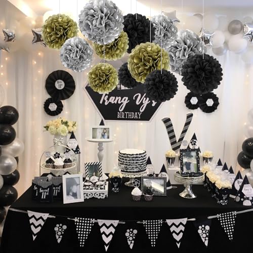 Image of 18 PCS Tissue Paper Pom Poms, Tissue Pom Poms Flowers, Sizes of 6 inch, 10 inch, 12 inch, 14 inch Hanging Paper Flower Ball for Wedding, Birthday, Halloween, Christmas, New Years Party Decor (Black Gold Silver)