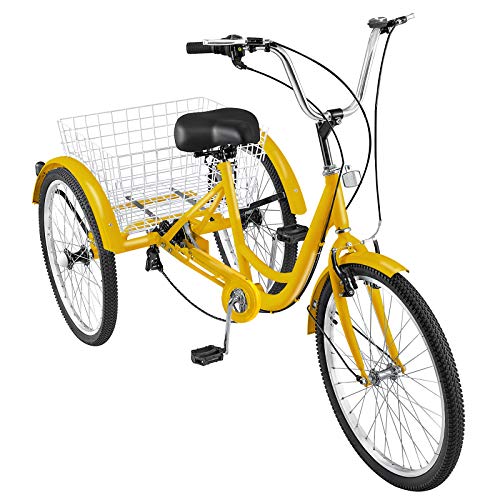 Happybuy Adult Tricycle 1 Speed Size Cruise Bike 20 inch Adjustable Trike with Bell Brake System Cruiser Bicycles Large Size Basket for Recreation Shopping Exercise (Yellow 20 1Speed)