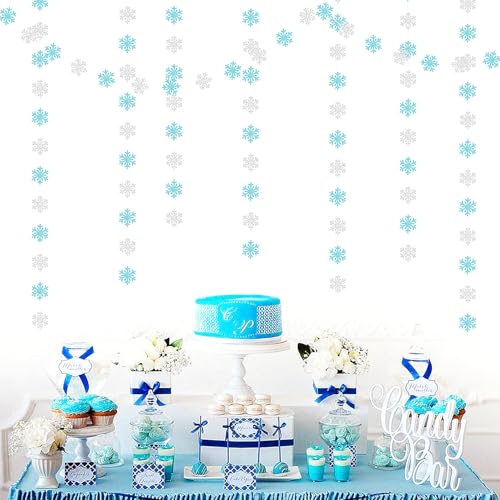 Image of Snowflake-Snow Teal-Silver Christmas Party-Decoration Garland - 52ft Turquoise Winter Wonderland Frozen Ornaments Hanging Paper Streamers,New Years Birthday Baby Shower Wedding Ceiling Decor Hugfond