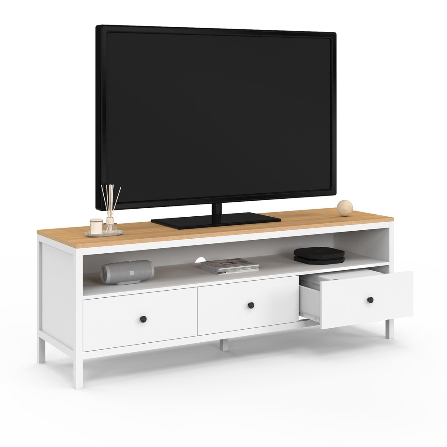 IDMarket - Meuble TV 140 cm Achille 3 tiroirs Blanc et Plateau Bois