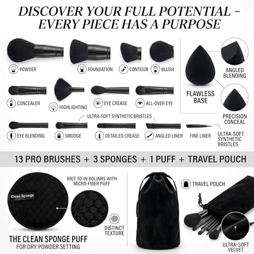 Image of 17Pc Makeup Kit Set - Premium 13-Piece Makeup Brush Set with 3 Makeup sponges & 1 Color-Removal Sponge - Soft Synthetic Bristles, Black Design with Velvet Travel Pouch - Complete Professional Beauty Tools (Clean sponge and makeup puffs , color may vary or multicolour) (Black)