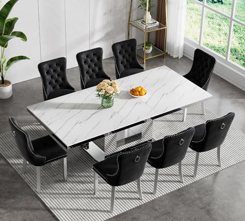 Image of Modern Extendable Dining Table Set for 8, Faux Marble Expandable Table with 8 Black Velvet Chairs & Silver Mirrored Pedestal Base, 63 inch to 94 inch 3-Position Expansion, 9 Piece Luxury Dining Room Table Set