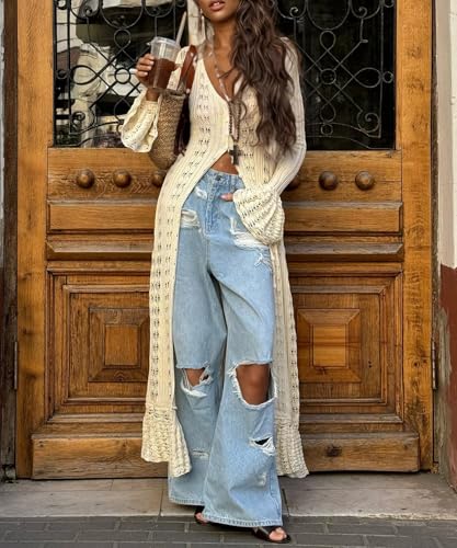 LETSVDO Womens Long Crochet Cardigan Bell Sleeve Ruffle Knit Hollow Out Lightweight Duster Sweater Beach Cover up Dress3