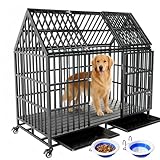 54 inch Heavy Duty Indestructible Dog Crate with 2 Bowls, Escape Proof Double Door Dog Kennel for Large Giant Dogs with Wheels and Trays, High Anxiety Extra Large Dog Cage Indoor Outdoor, XL XXL