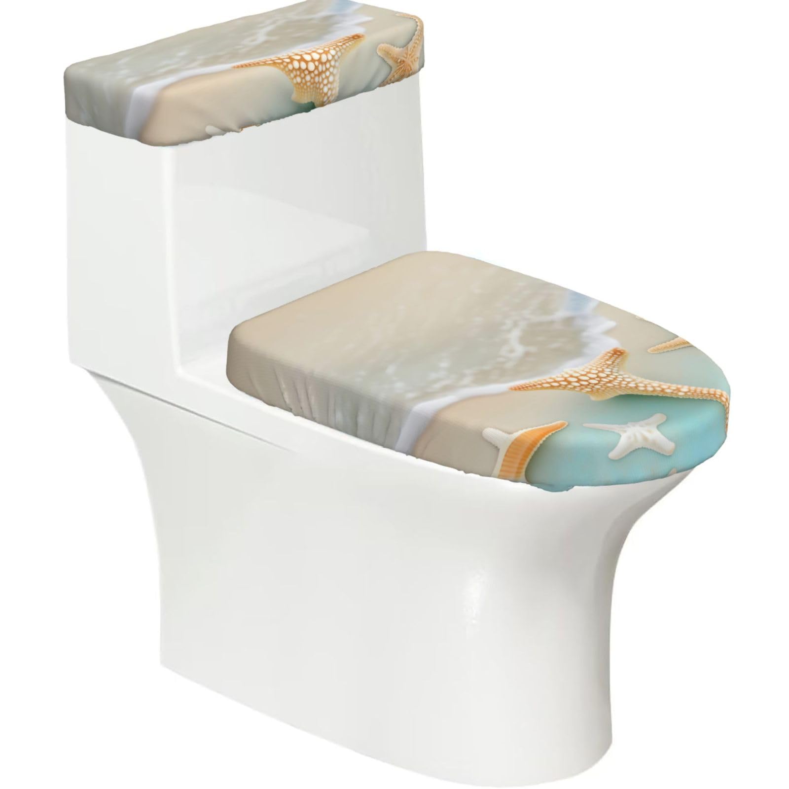 Beach Starfish Elastic Toilet Cover Set of 2-Stretchy Lid and Tank Covers for Bathroom, Soft Washable U Shape Toilet Decor