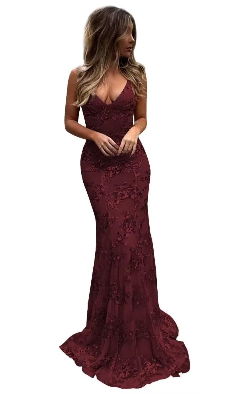 PARPIS Bodycon Mermaid Prom Gowns for Women Tulle V-Neck Backless Evening Dresses Spaghetti Straps Train Formal Party Dress Burgundy