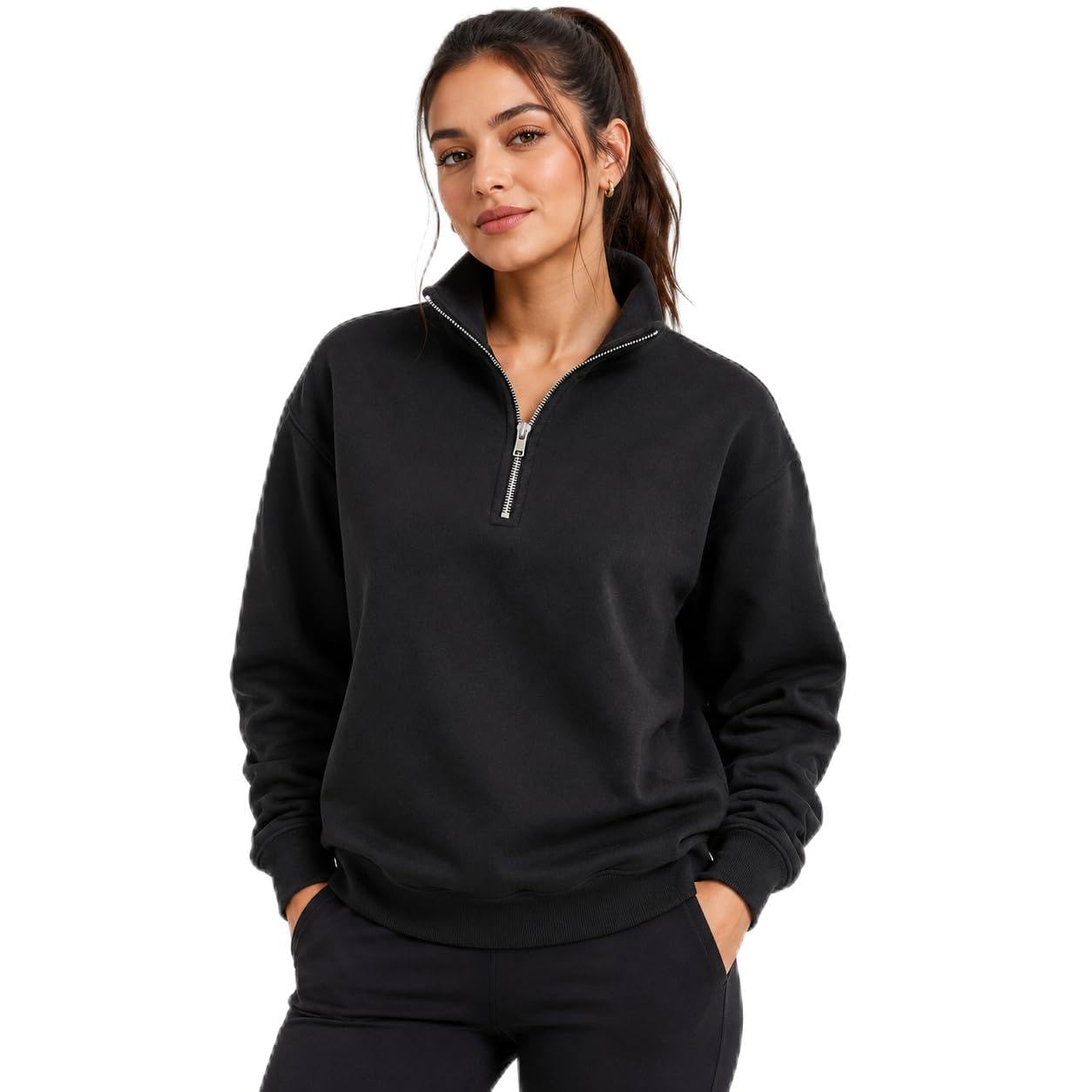 Urban Core Women’s Quarter Zip Sweatshirt – Regular Fit 1/4 Zip Jumper Soft Casual Pullover Top (UK, Alpha, L, Regular, Regular, 1, Black)