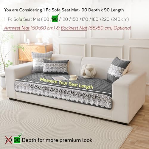 Image of HOKIPO 'BelleLace Series' Imperial Milk Velvet Sofa Cover Mat with Lace Design| Make Your Own Sofa Cover Set, Mat Length 90(D) x 90(L) cm, Porpoise Grey (AR-5963-DGRY)