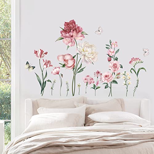 Wondever Pink Peony Rose Floral Wall Stickers Garden Flower Peel And Stick Wall Art Decals For Bedroom Living Room Tv Wall #TOP3