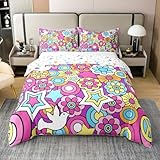 Homemissing Juego de funda de edredón retro de flores hippies 100 % algodón, diseño de paloma de la paz de los años 60 y 70, juego de ropa de cama con estampado de estrellas y flores, tamaño Super