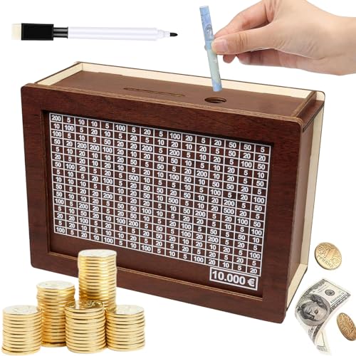 Caixa de poupança de madeira, 10000 € com mostrador, caixa de poupança de madeira, mealheiro com alvo de poupança e números, ajuda as crianças a desenvolver o hábito de economizar dinheiro