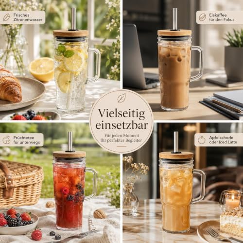 ALINK Glasbecher mit Henkel 2er Set, 24 oz / 710 ml Trinkgläser mit Bambusdeckel, 12 mm Edelstahl Strohhalm & Bürste, für Eiskaffee… – Ansicht 4