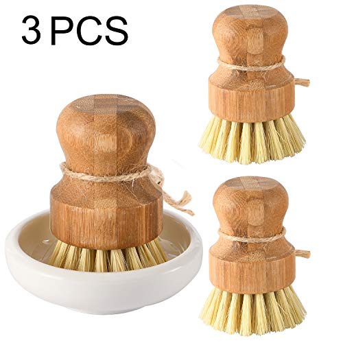 Bamboo Dish Scrub Brushes by Subekyu, Kitchen Wooden Cleaning Scrubbers Set for Washing