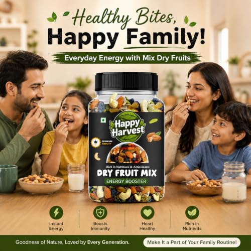 Image of HAPPY HARVEST Premium Mix Dry Fruits 1kg| Mixed Nuts & Dried Fruits | Healthy Snack Mix | Rich in Protein, Fiber & Essential Nutrients | Natural Energy Booster | Ideal for Daily Snacking (500gm)