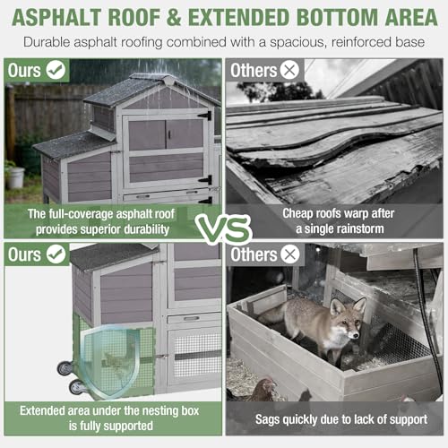 Image of Mobile Chicken Coop with Wheels for 4-6 Chickens, Large Outdoor Hen House with Run, Weatherproof Asphalt Roof, Sectionable Nesting Box & Pull-Out Tray, 82.4 inch L x 25.8 inch W x 44.1 inch H - Grey