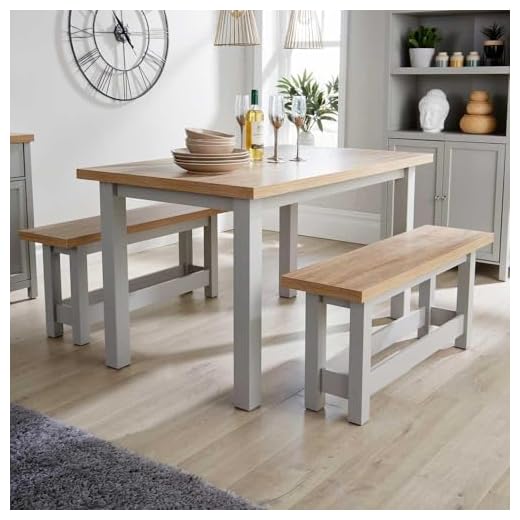 Home Source Kitchen Dining Table Set, 2 Benches, Oak Effect, Grey