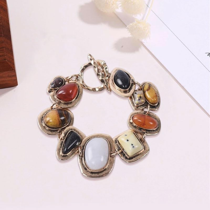 Vintage Ethnic Chunky Stone Bracelet, Geometric Metal Charm Bracelet, Boho Style Alloy Beaded Bracelet for Women Everyday Wear - Image 6
