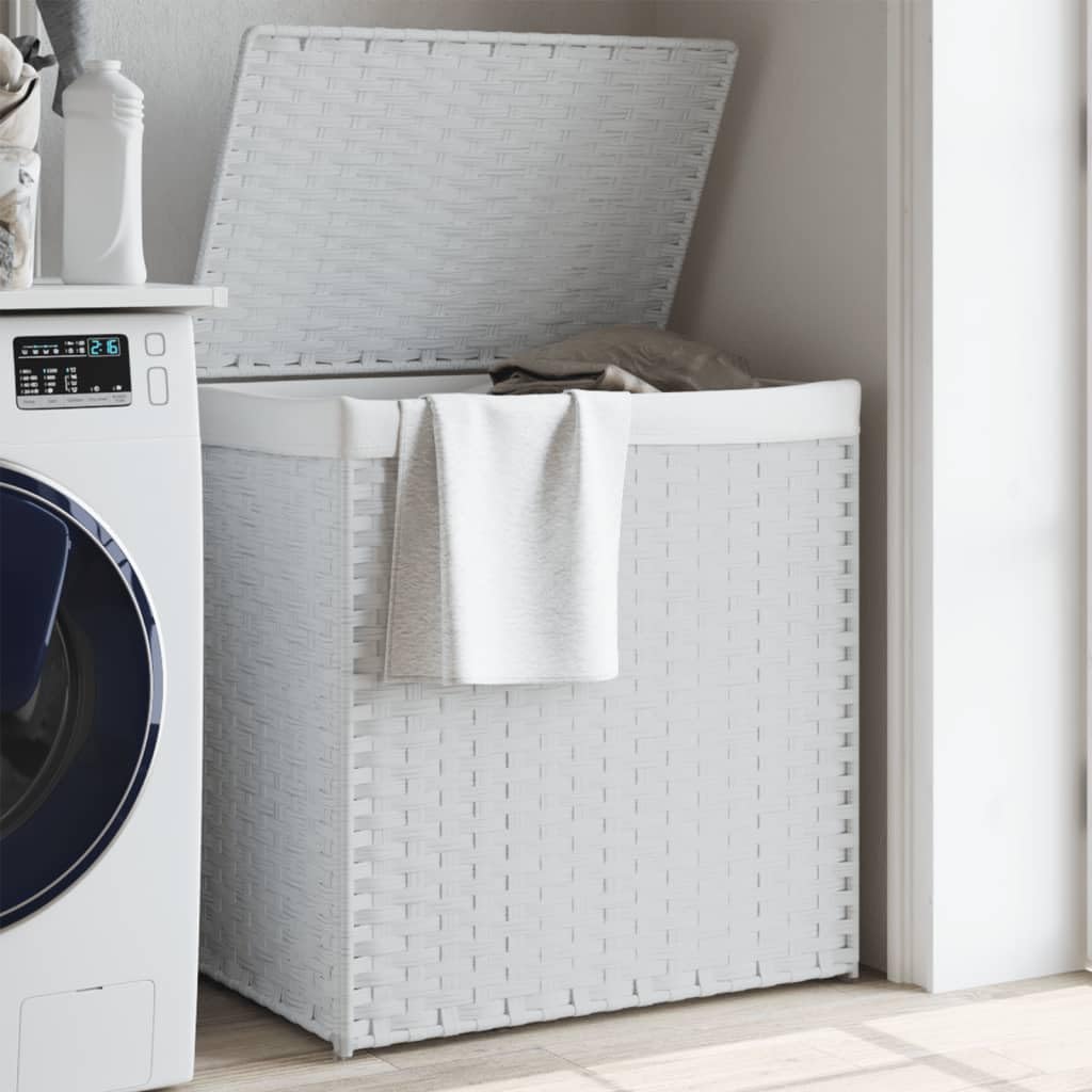 Mangloder - Cesto para la colada con 2 compartimentos, color blanco, 53 x 35 x 57 cm, polirratán, con tapa, asa y bolsa interior extraíble, plegable, para cuarto de baño, lavandería, ahorro de espacio