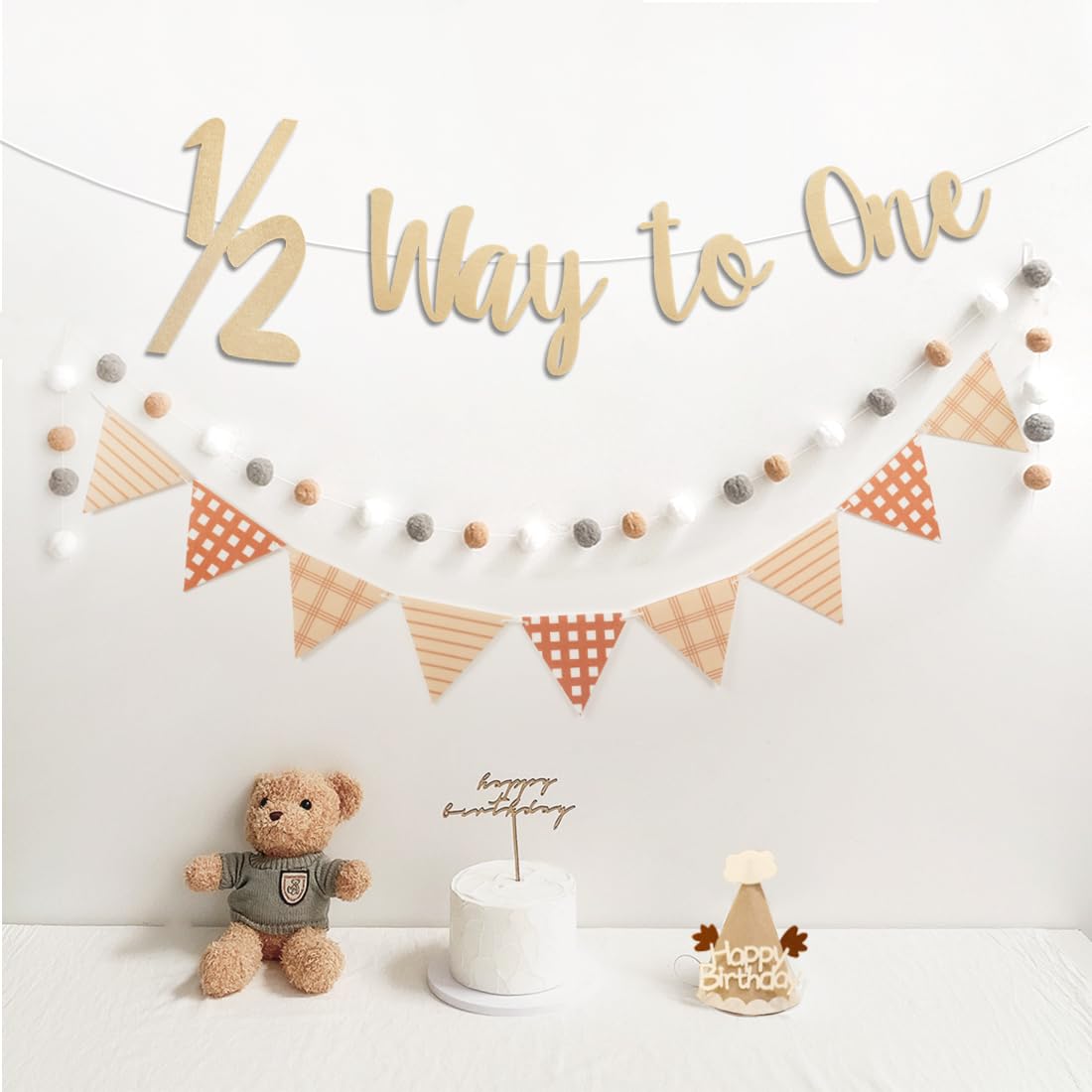 Photo 1 of 1/2 Way to One Half Birthday Banner Pre-Strung Pennant Felt Fabric Banner Flags and Pom Pom Garland, Party Hat for Birthday Decorations, Reusable Half Way to One Bunting Sign for Girl Boy 6 Months