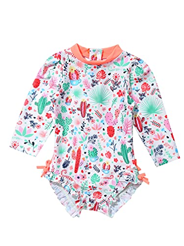 Agoky Baby Toddler Girls Long Sleeve Swimsuit Floral Rash Guard Sun Protection Orange 12-18 Months
