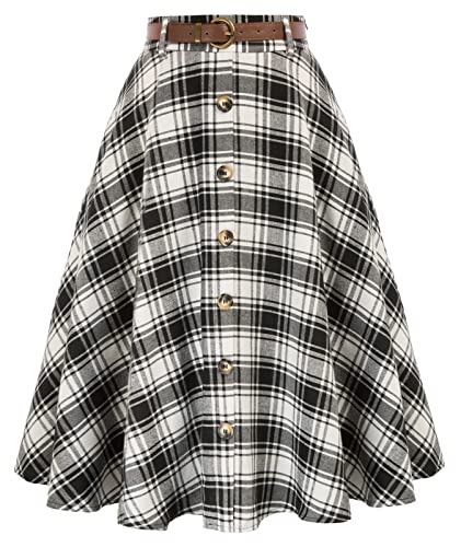 Women's Black and White Plaid Skirt Vintage Stretch Midi Skirt Knee Length with Pockets Black A Line Skirt L