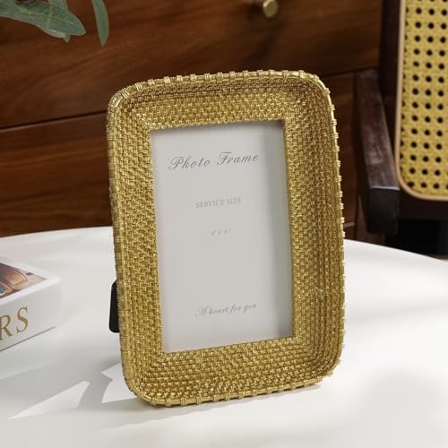 4x6 Picture Frame Vintage Gold Metal Rattan Textured Hand-Crafted Photo Frame with Glass Front, Antique Picture Frame for Tabletop Display & Wall Display, Retro Design Home Decor