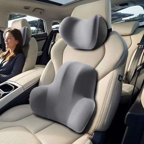 Aikenn 車用ヘッドレスト、ランバーサポート、航空機用ランバーサポート、ショルダーピローセット、クラウドセンシングメモリーフォーム、通気性取り付け簡単 洗濯可能 長時間運転 車中泊 に 車の旅行中/オフィス 椅子/自宅 、セットの組み合わせ (腰クッション・ネックパッド) (グレー)