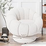 COCO DESIGN Pumpkin Boucle Swivel Chair,360° Small Accent Barrel Chairs, Armchair for Living Room, Bedroom, Natté White，33.46' φ* 28.3'