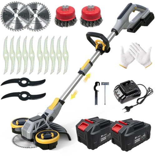 Rasentrimmer mit Akku/Unkrautbürste, Akku Rasentrimmer für Makita-Akkus mit 4 Klingentypen und 2 4,0-Ah-Akkus, 21V Freischneider Akku für Garden Trimmen (Graugelb)