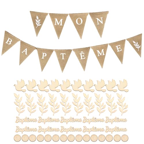 Solivive Bannière Baptême MON BAPTÊME Toile de Jute, Drapeaux Triangle Bannière Décoration Baptême,Bapteme Deco pour Garçon Fille