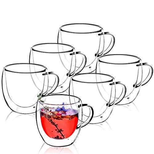 KADAX Taza de cristal de doble pared de 250 ml, vaso de cristal con mango ancho, para jugo, té, café, capuchino, agua…