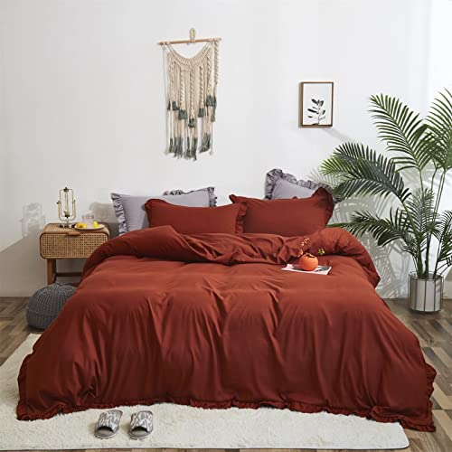 Houseri Burnt Orange Comforter Set Queen Ruffled Boho Comforter Rust Red Bedding Sets Girls Caramel Shabby Chic Queen Size Comforter Ruffled Fringe Farmhouse Terracotta Queen Comforter Set With Skirt #TOP6
