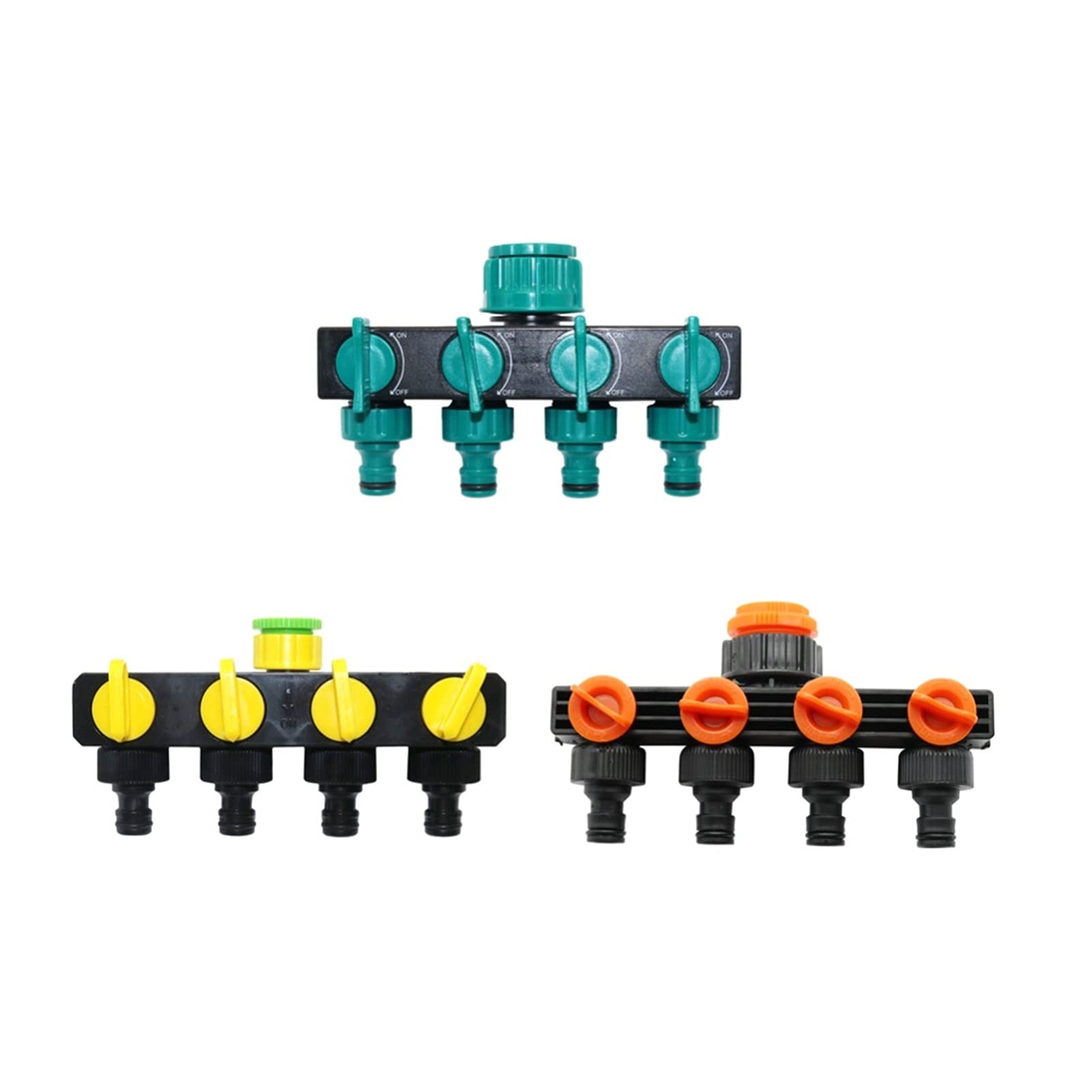 Grifo de jardín roscado europeo de 4 vías, roscas internas de 1/2 a 3/4 a 1 pulgada, fontanería de jardín duradera, amarillo, ideal para riego y riego eficientes