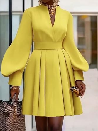 UOOZEE Women's Elegant Formal Pleated Solid Color A-Line Long Sleeves V-Neck Mini Dresses