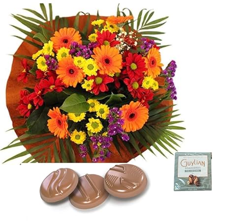 Autumn Burn Bouquet Fresh Flowers Orange Gerberas Yellow Red Chrysanthemums Bright Arrangement Gift Chocolate (Chocolats)